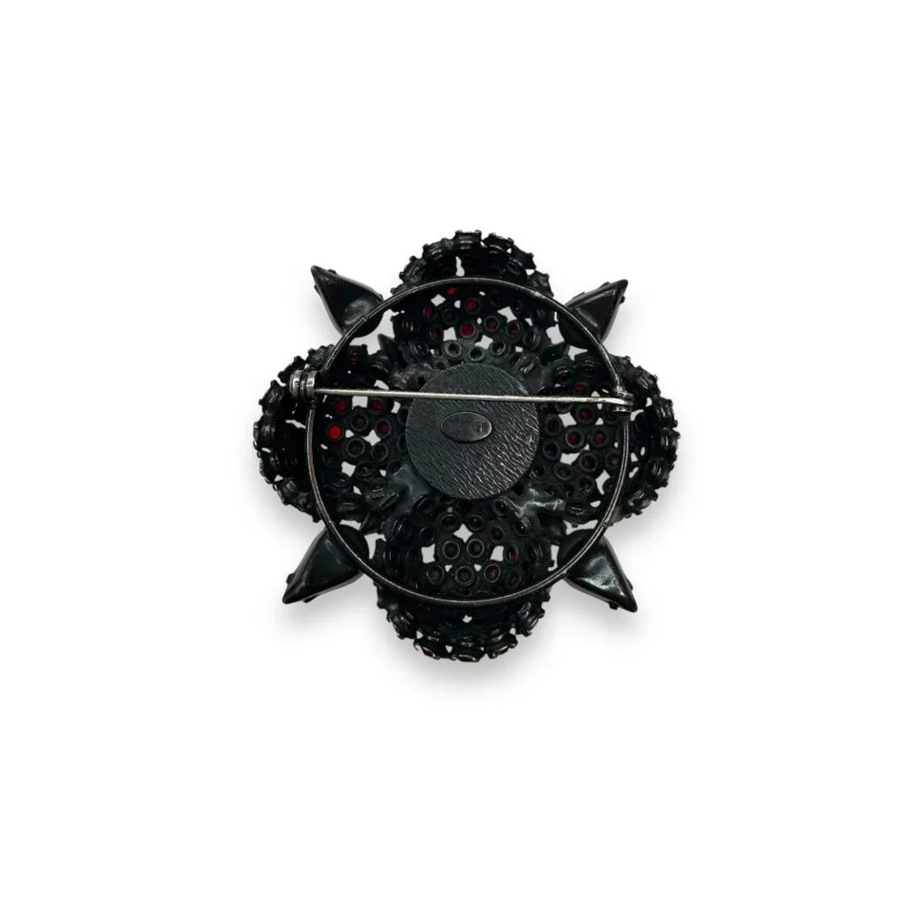 Vintage Warner Red Crystal Flower Brooch Pin Japanned Metal 2.5" Diameter - Picture 3 of 13